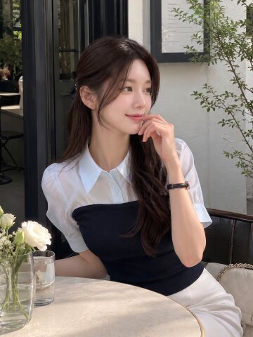 뷔스티에 배색 퍼프 블라우스 