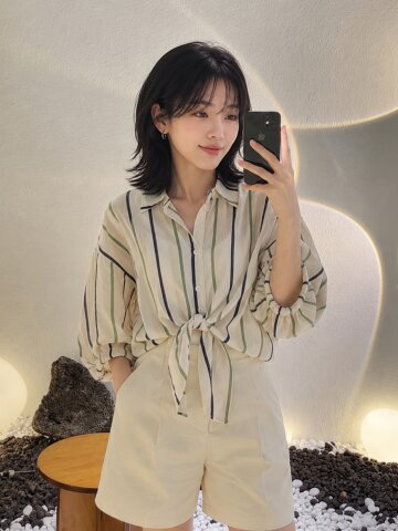 스트라이프 타이 셔츠 칼라 블라우스 