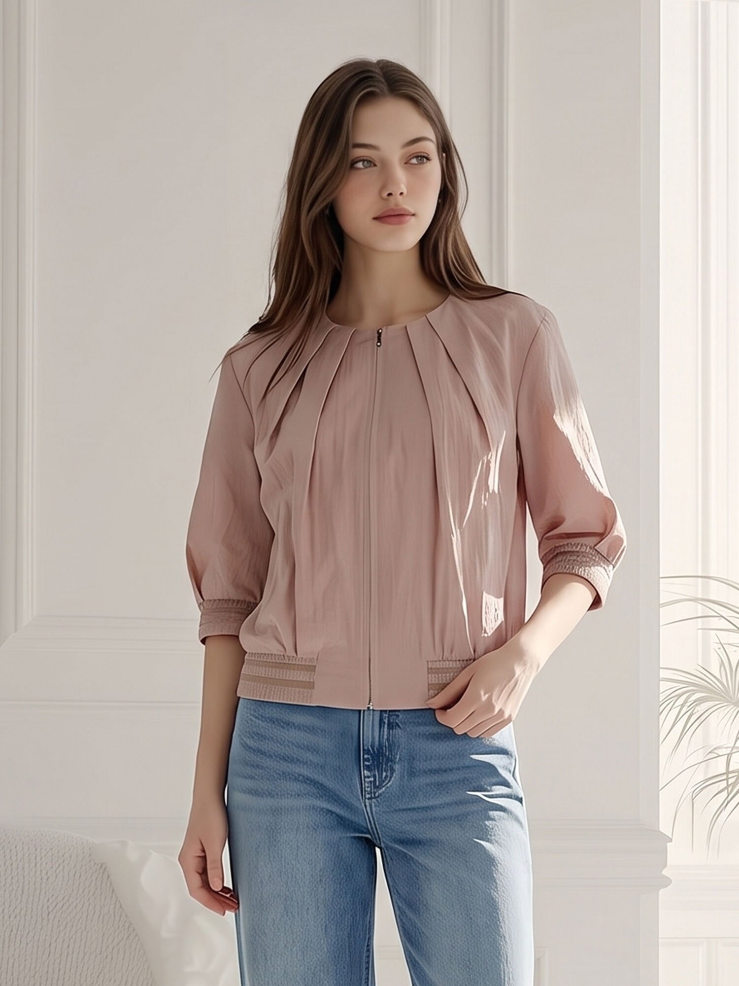 턱 디테일 볼륨 슬리브 점퍼 (BEIGE)