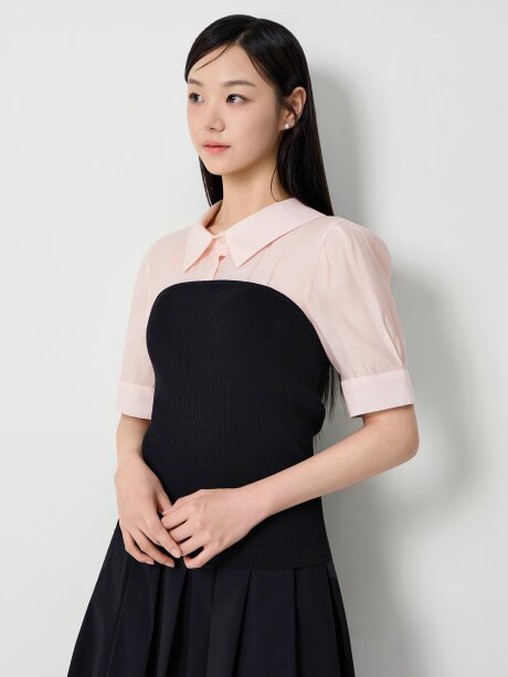 뷔스티에 배색 퍼프 블라우스 