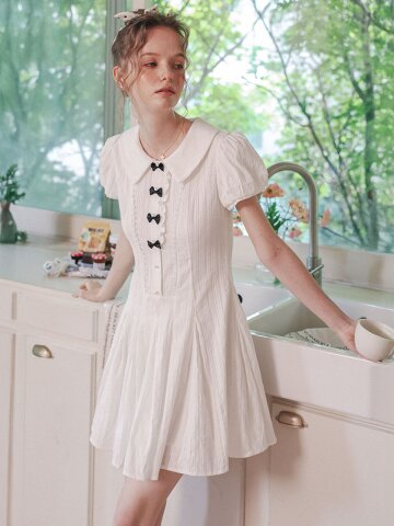 Cest_Puff sleeve ribbon mini dress_WHITE