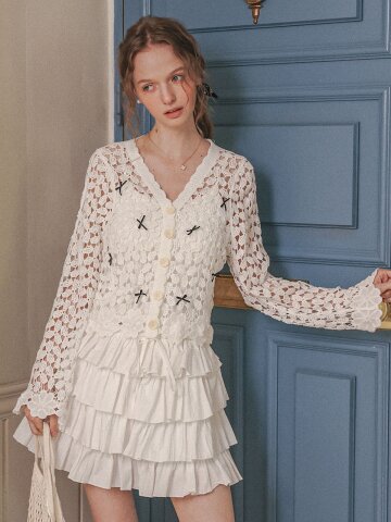 Cest_Ribbon crochet knit cardigan_WHITE