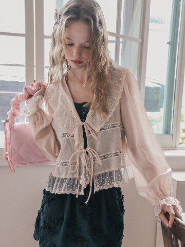Cest_Lace ruffle ribbon blouse cardigan_PINK