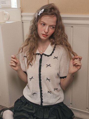 Cest_Ribbon collar short cardigan_IVORY