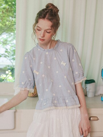 Cest_Daisy check frill lace blouse_SKY BLUE