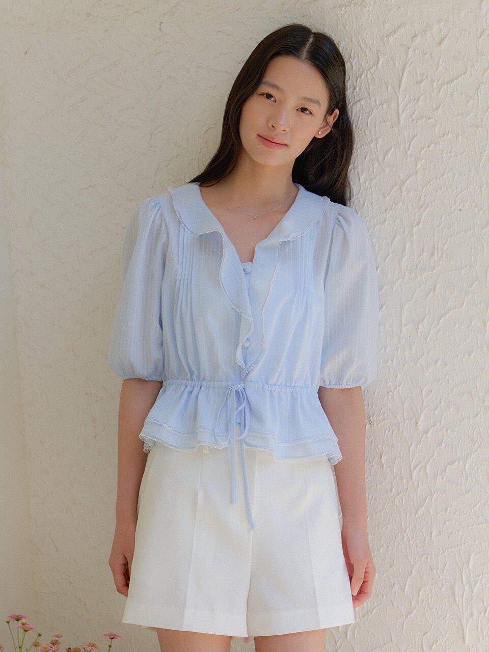 [DAISY] Cotton Pin-Tuck Ruffle Blouse / Sky blue(2color)