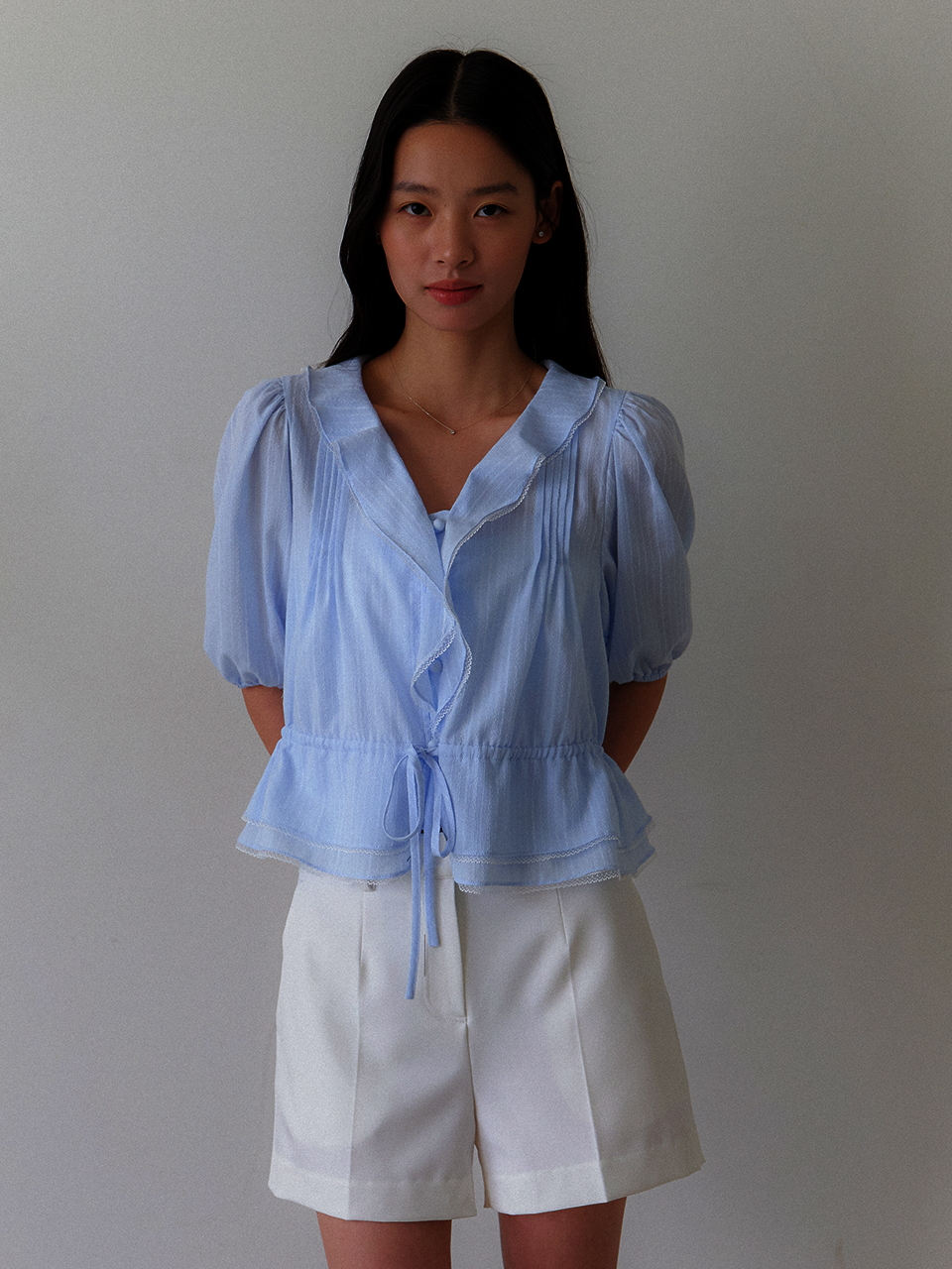 [DAISY] Cotton Pin-Tuck Ruffle Blouse / Sky blue(2color)