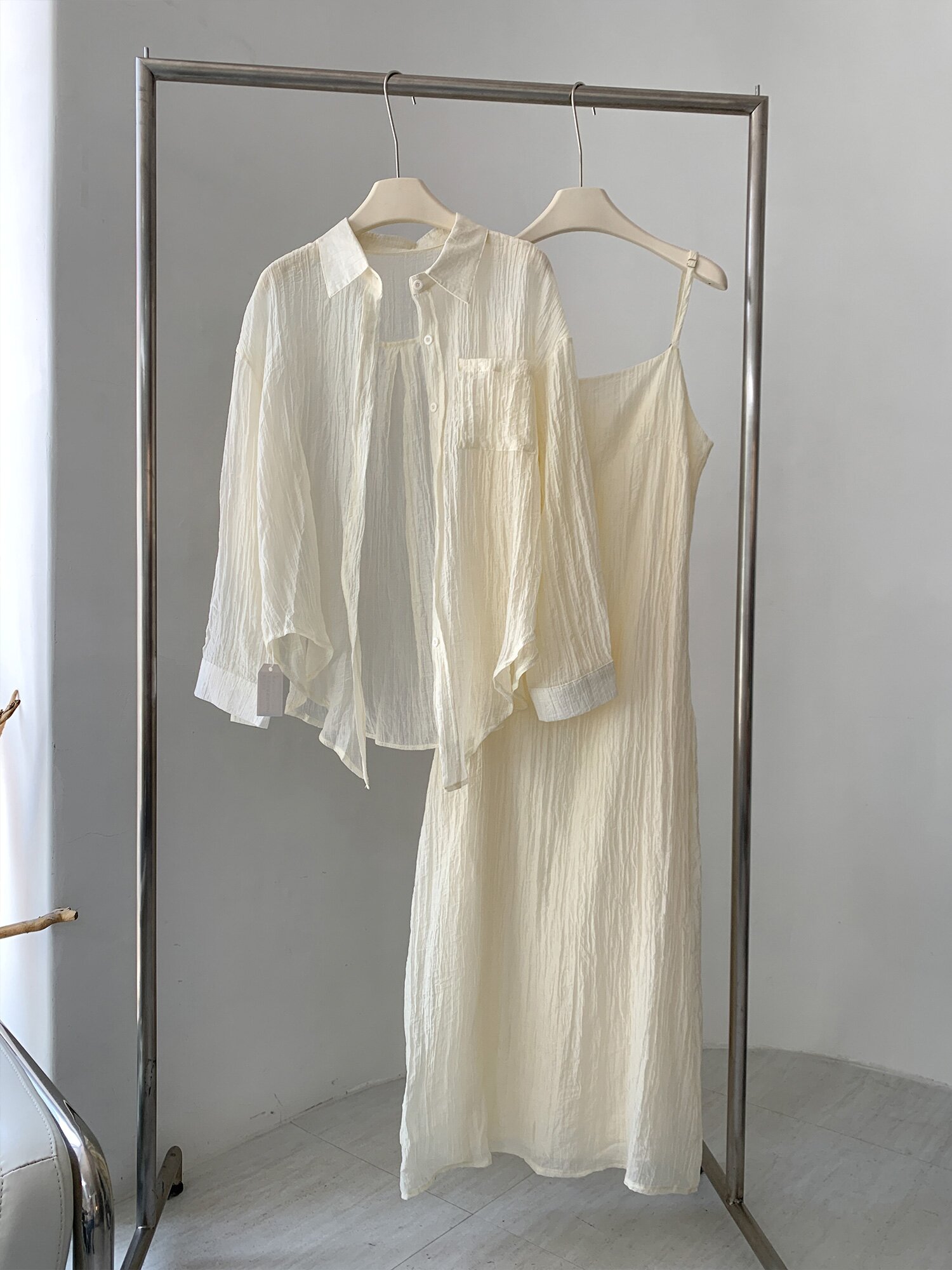 [SET] 세미 시스루 셔츠+나시 롱 원피스 셋업 투피스 세트 (3colors)