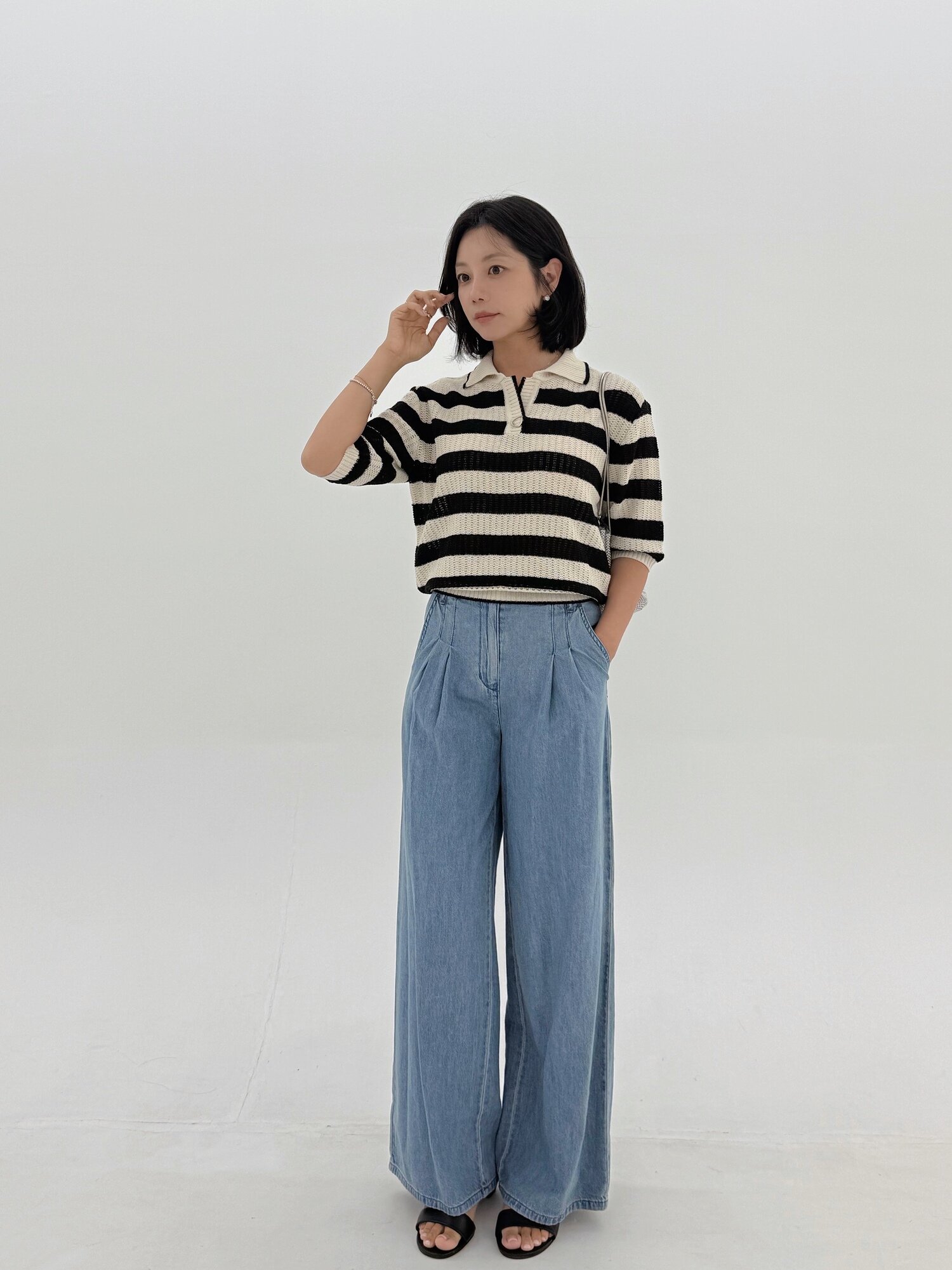 투턱 백 밴딩 와이드 데님 팬츠 (LIGHT BLUE)