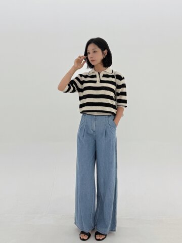 투턱 백 밴딩 와이드 데님 팬츠 