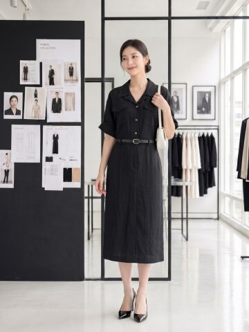 오픈 칼라 H라인 셔츠 원피스 