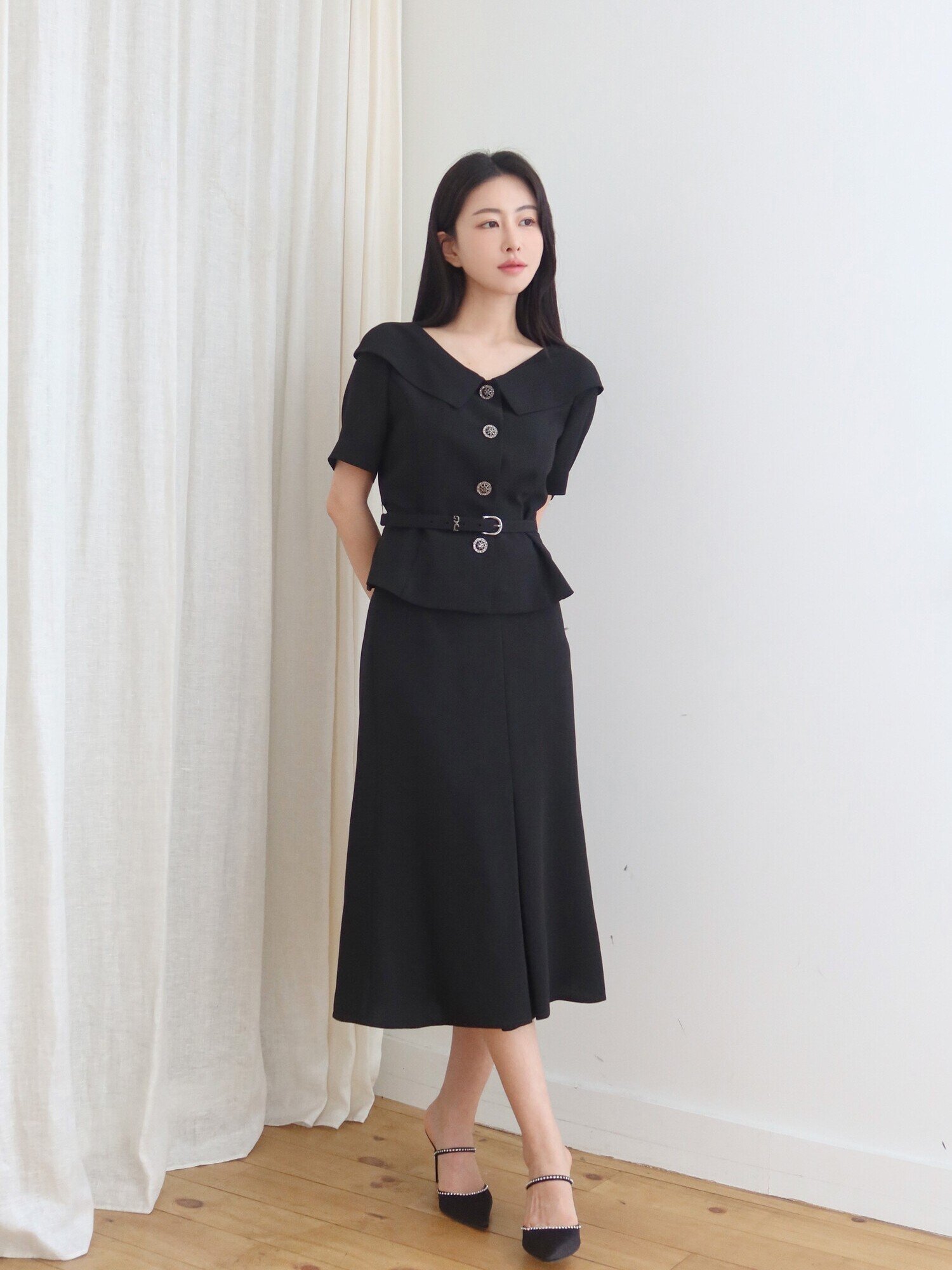 쥬얼 벨트 장식 머메이드 스커트 (BLACK)