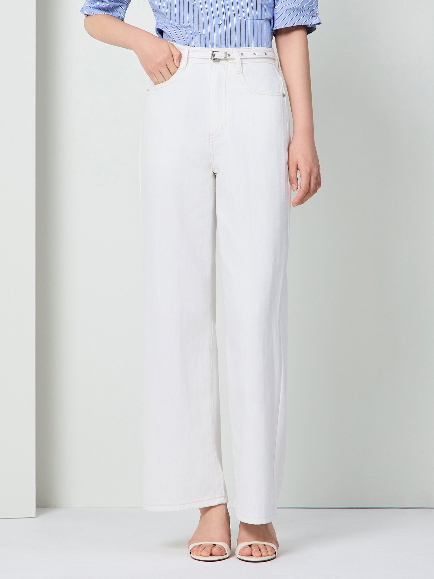 벨티드 스티치 와이드 데님 팬츠 (WHITE)