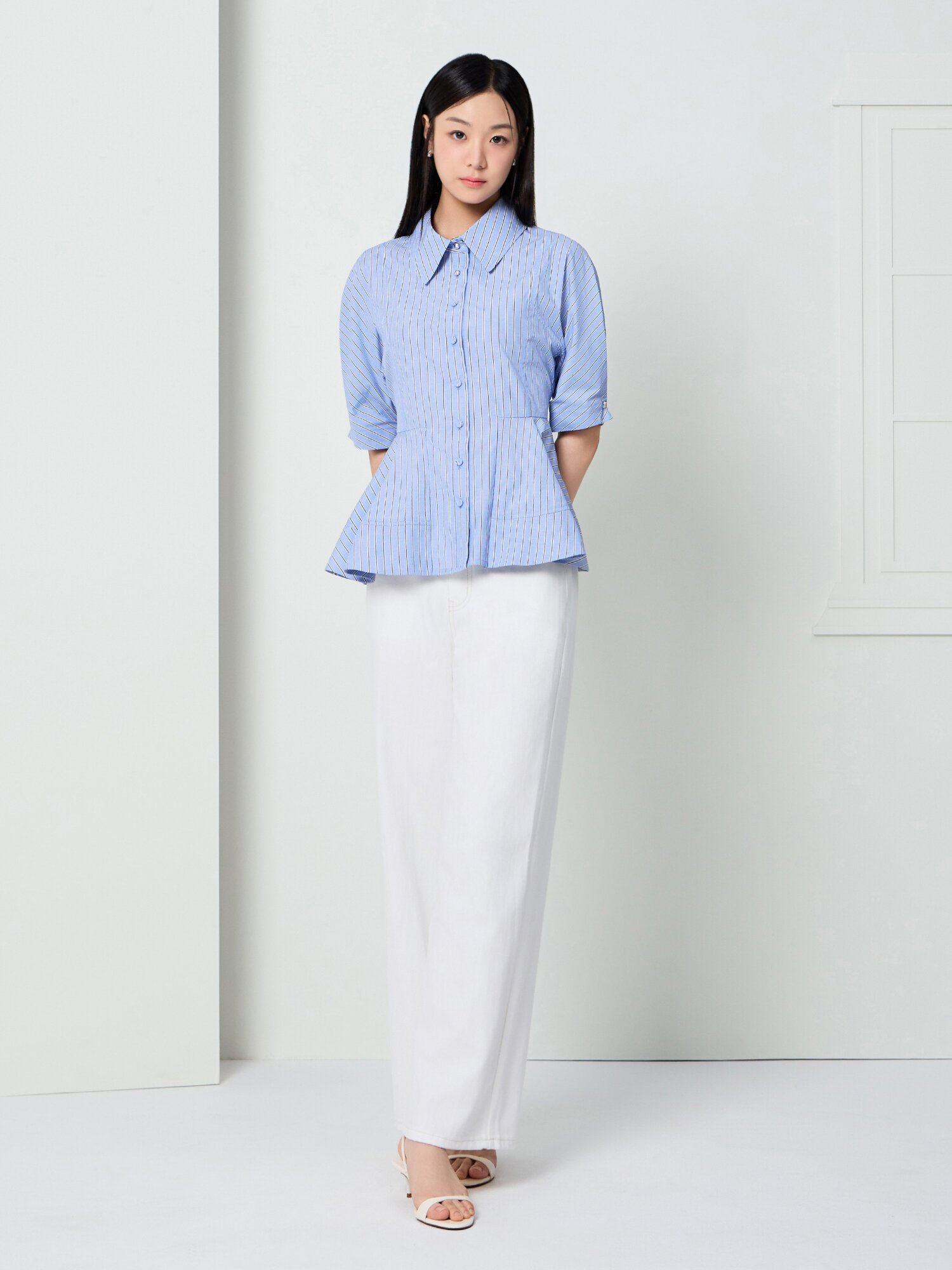 벨티드 스티치 와이드 데님 팬츠 (WHITE)