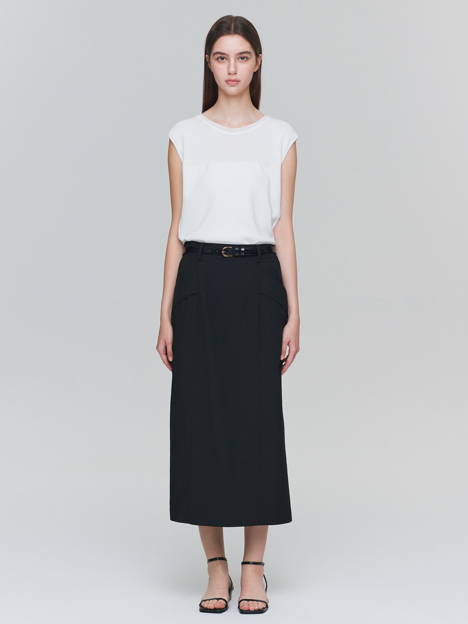 포켓 백 밴딩 H라인 스커트 (BLACK)