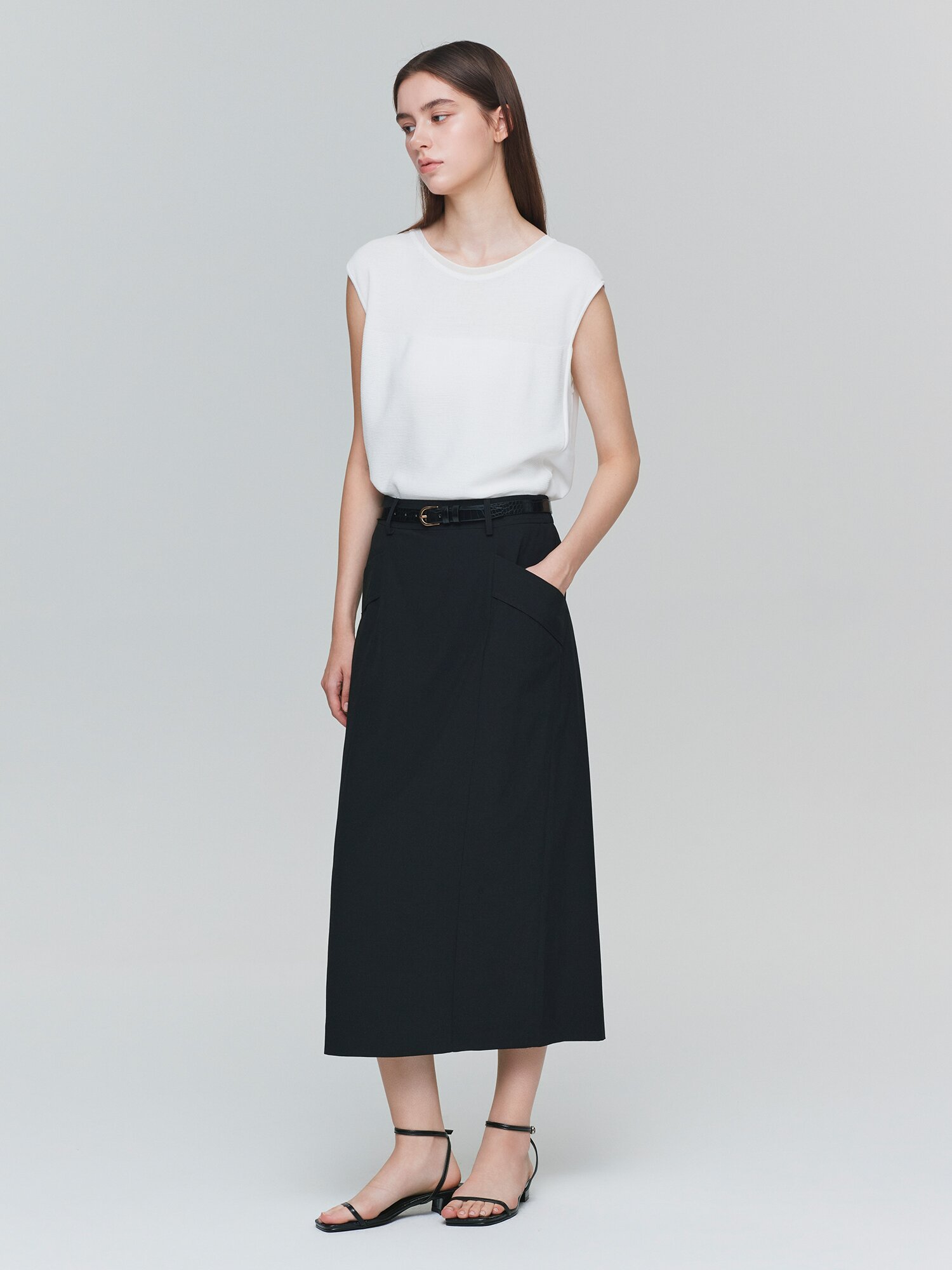 포켓 백 밴딩 H라인 스커트 (BLACK)