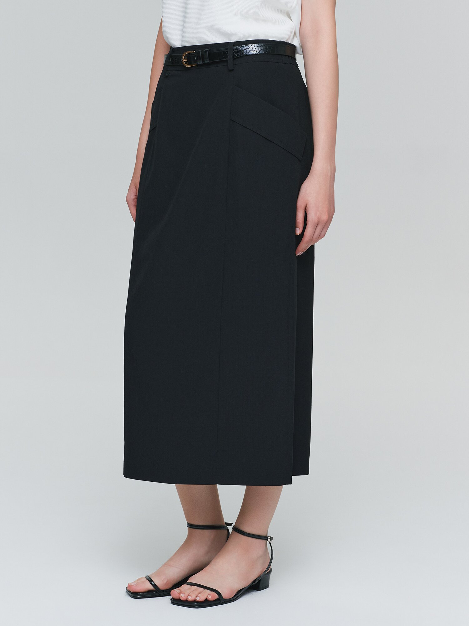 포켓 백 밴딩 H라인 스커트 (BLACK)