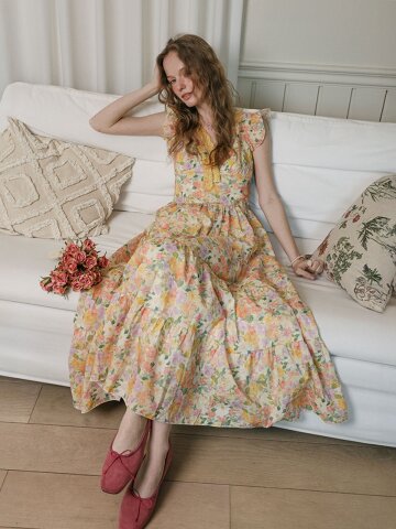 LB_Lace ribbon sleeve floral long dress_ORANGE