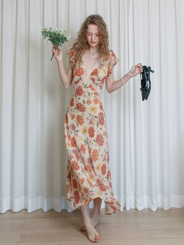 LB_Flutter sleeve floral long dress_ORANGE