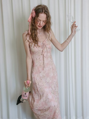 LB_Rose print satin ribbon dress_PINK