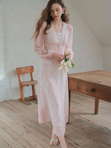 LB_Plaid ribbon chiffon dress