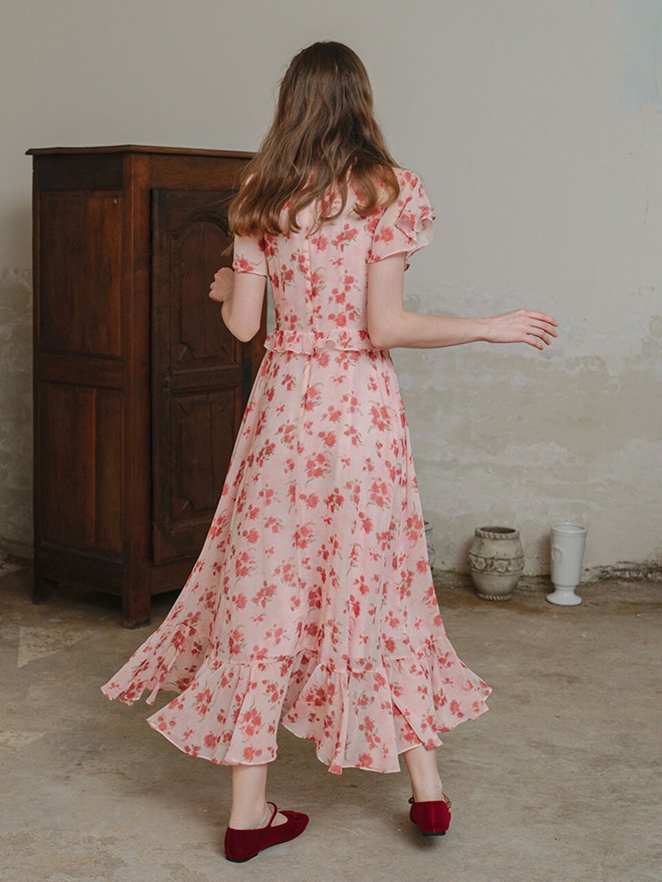 LB_Rose ruffle chiffon dress