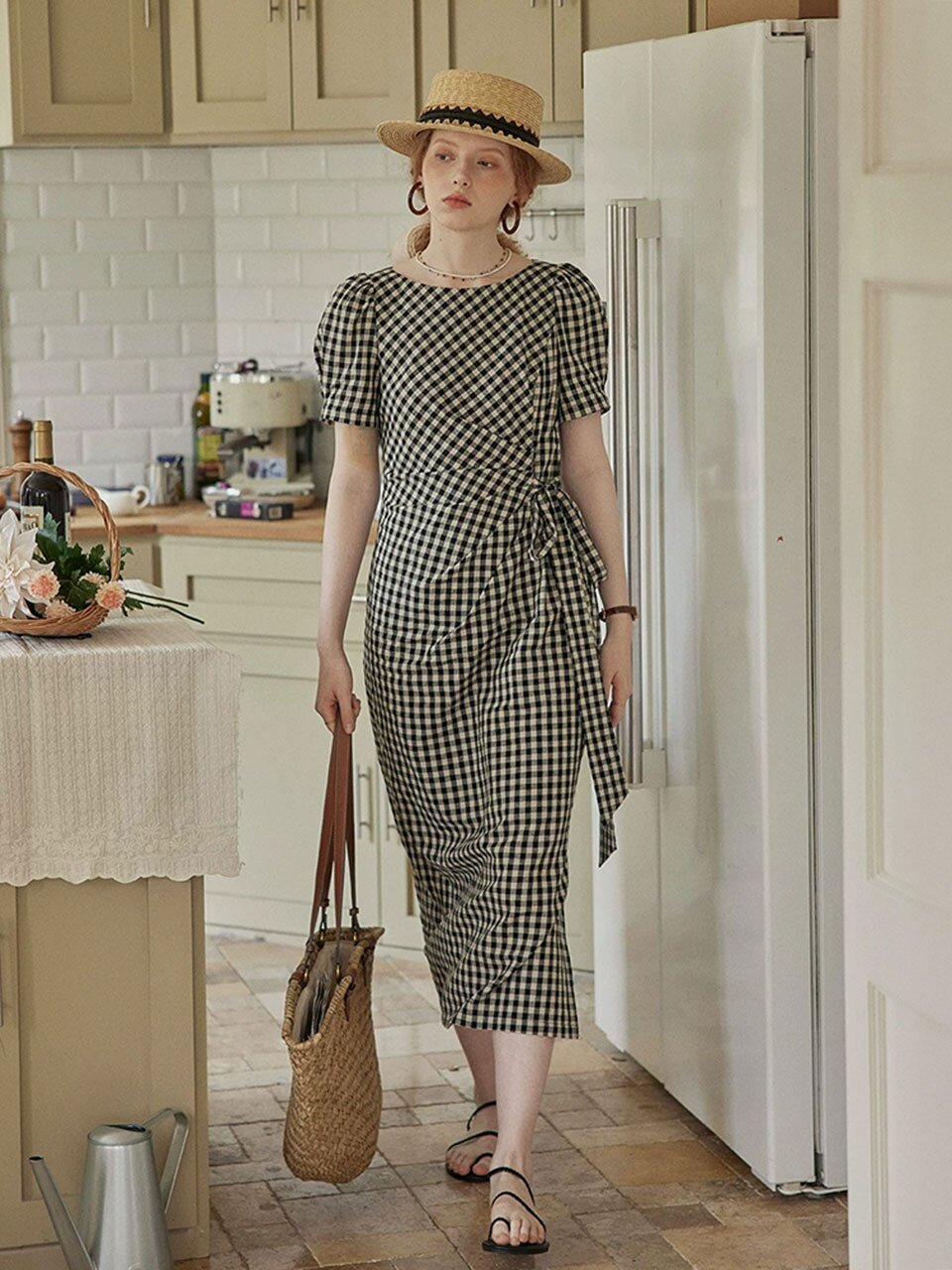 PM_Check wrap midi dress