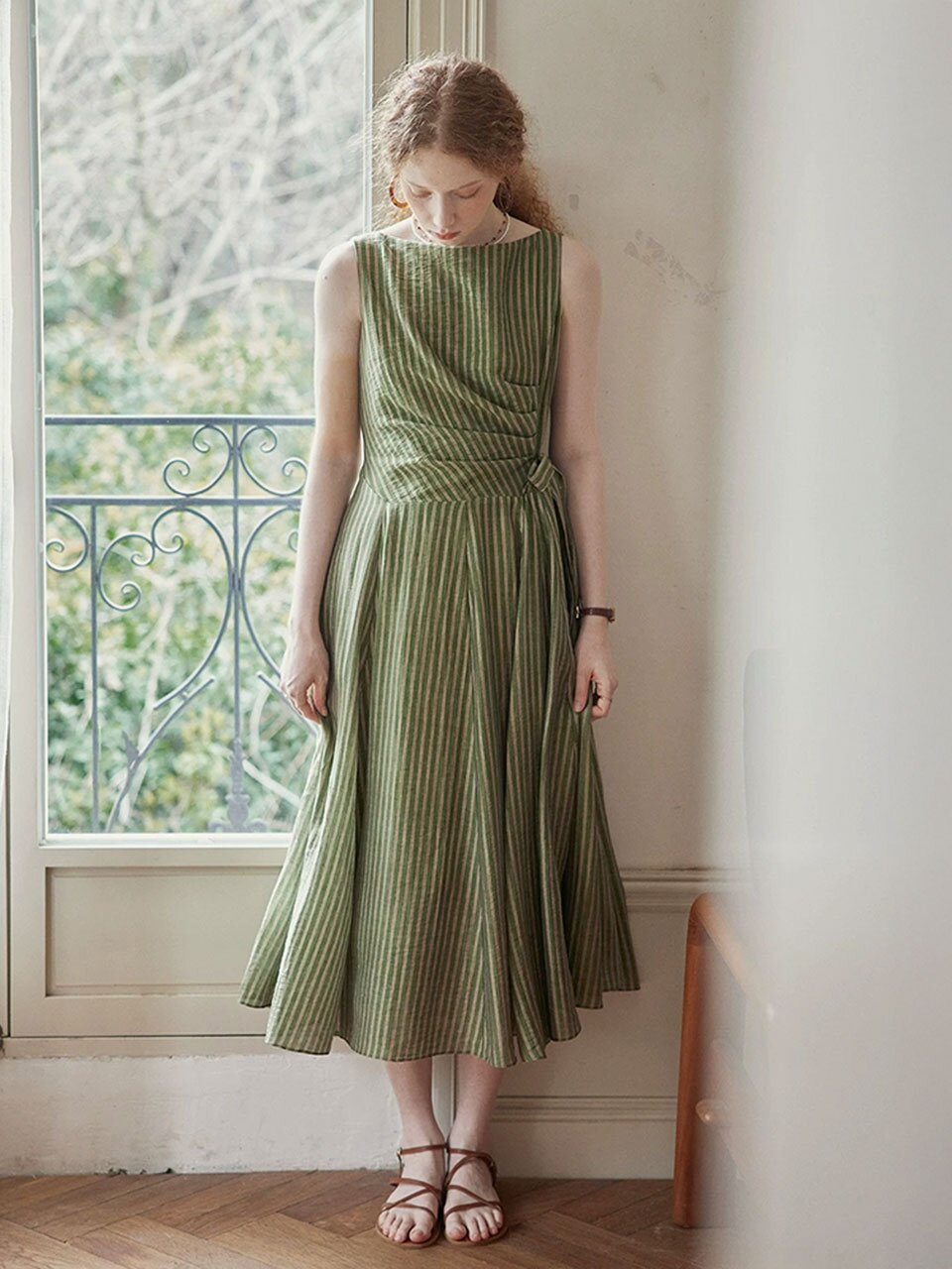 PM_Striped wrap sleeveless dress