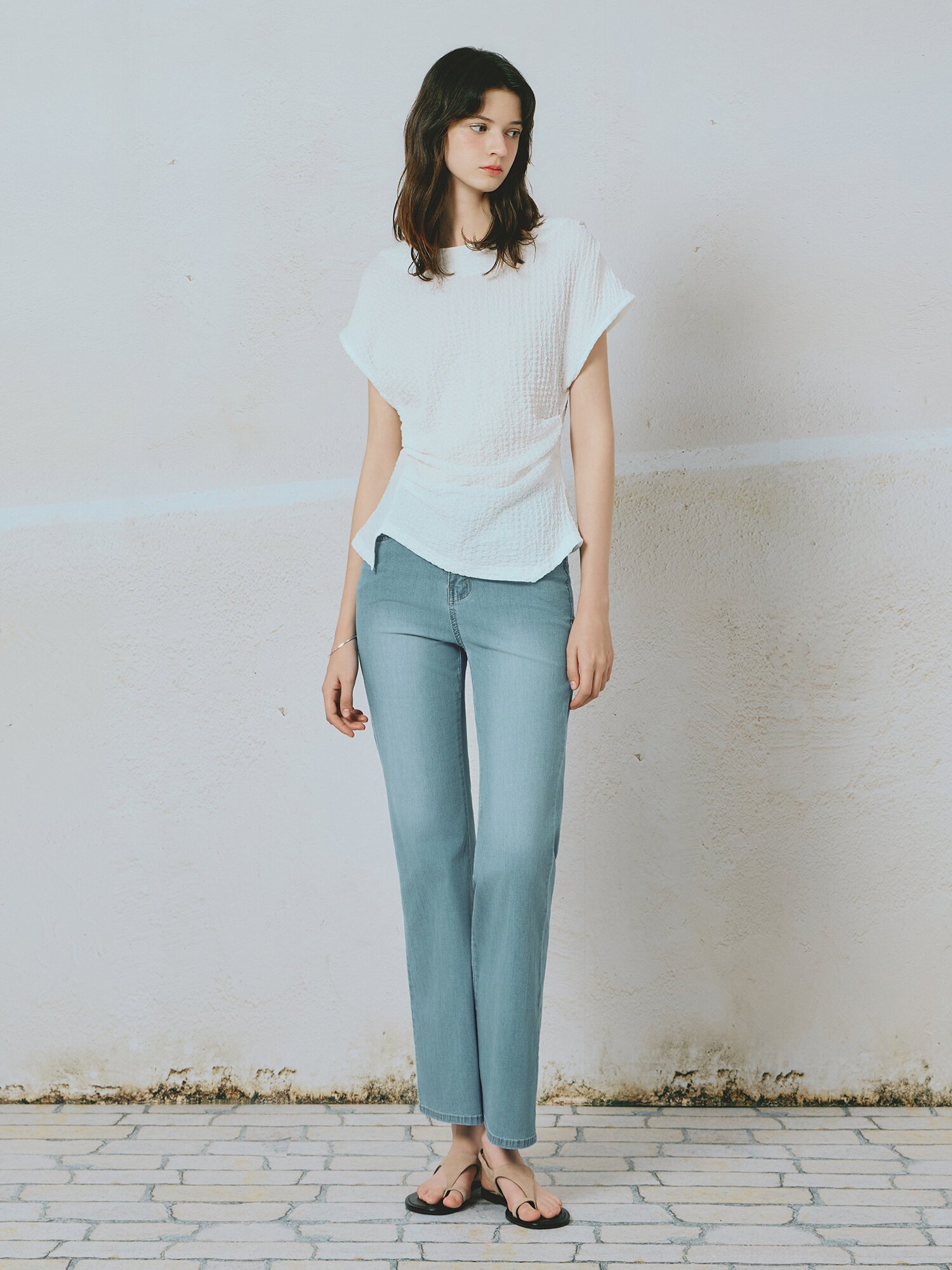 워싱 슬림 부츠컷 히든밴딩 데님팬츠 (LIGHT BLUE)