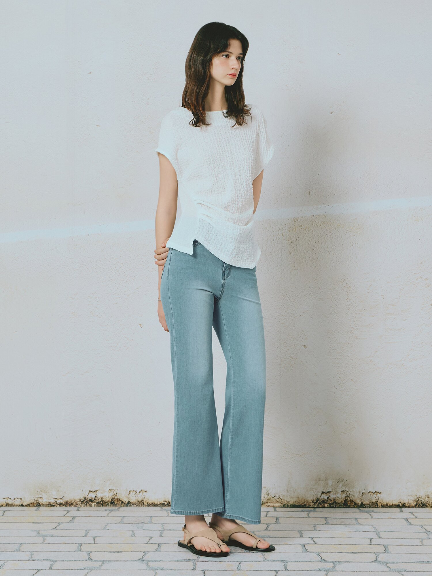 워싱 슬림 부츠컷 히든밴딩 데님팬츠 (LIGHT BLUE)