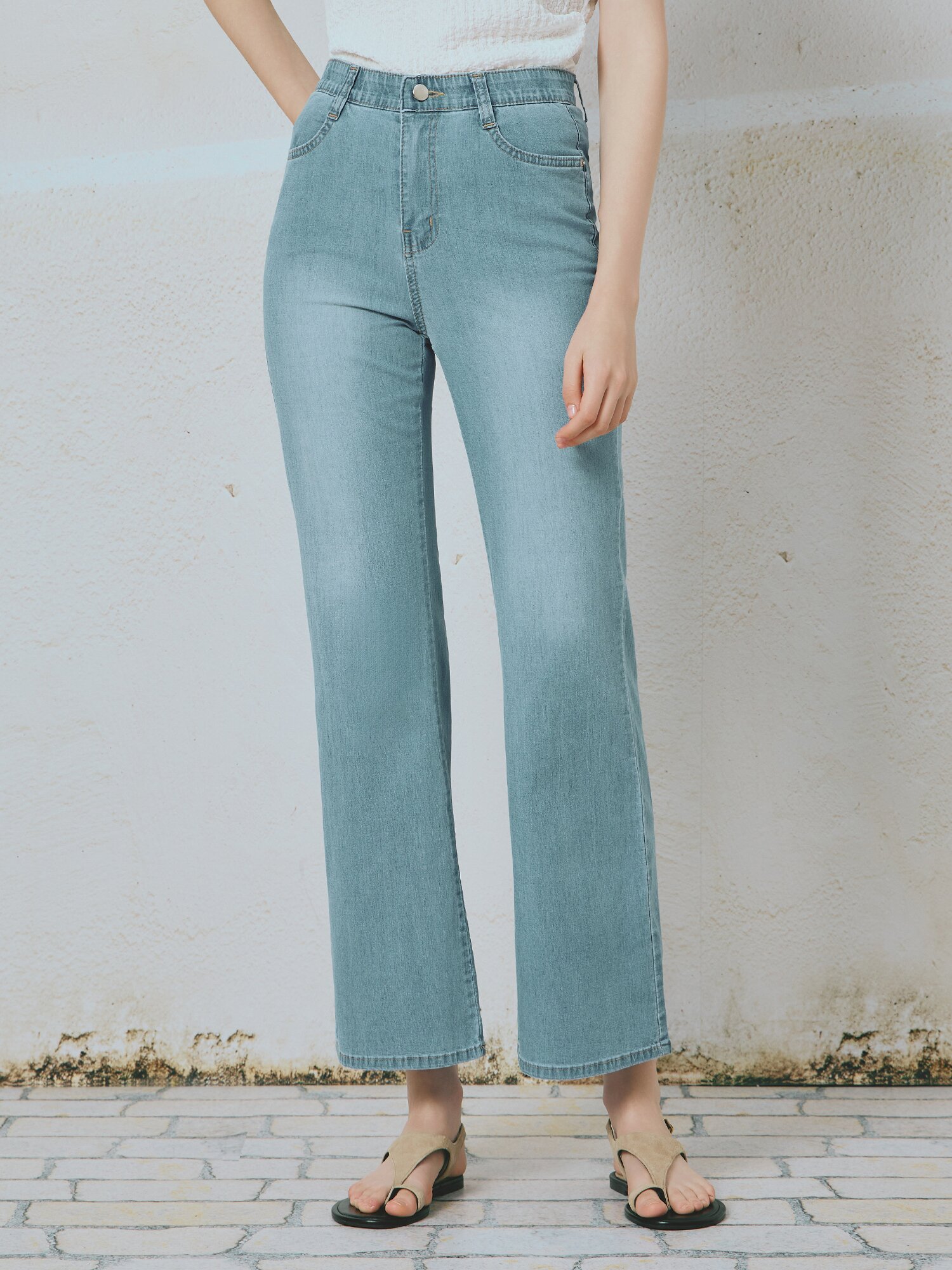 워싱 슬림 부츠컷 히든밴딩 데님팬츠 (LIGHT BLUE)