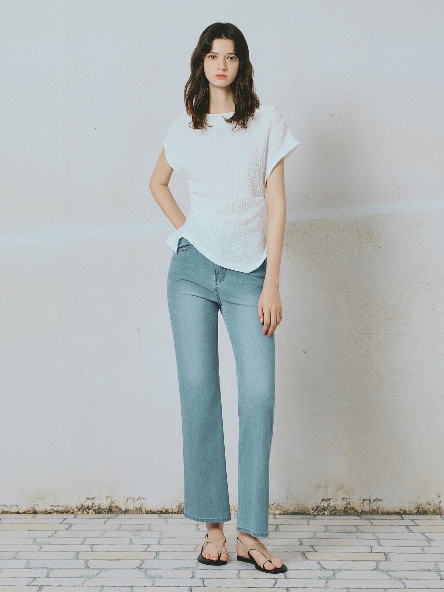 워싱 슬림 부츠컷 히든밴딩 데님팬츠 (LIGHT BLUE)