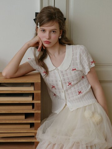 Cest_Bow pointelle short sleeve cardigan