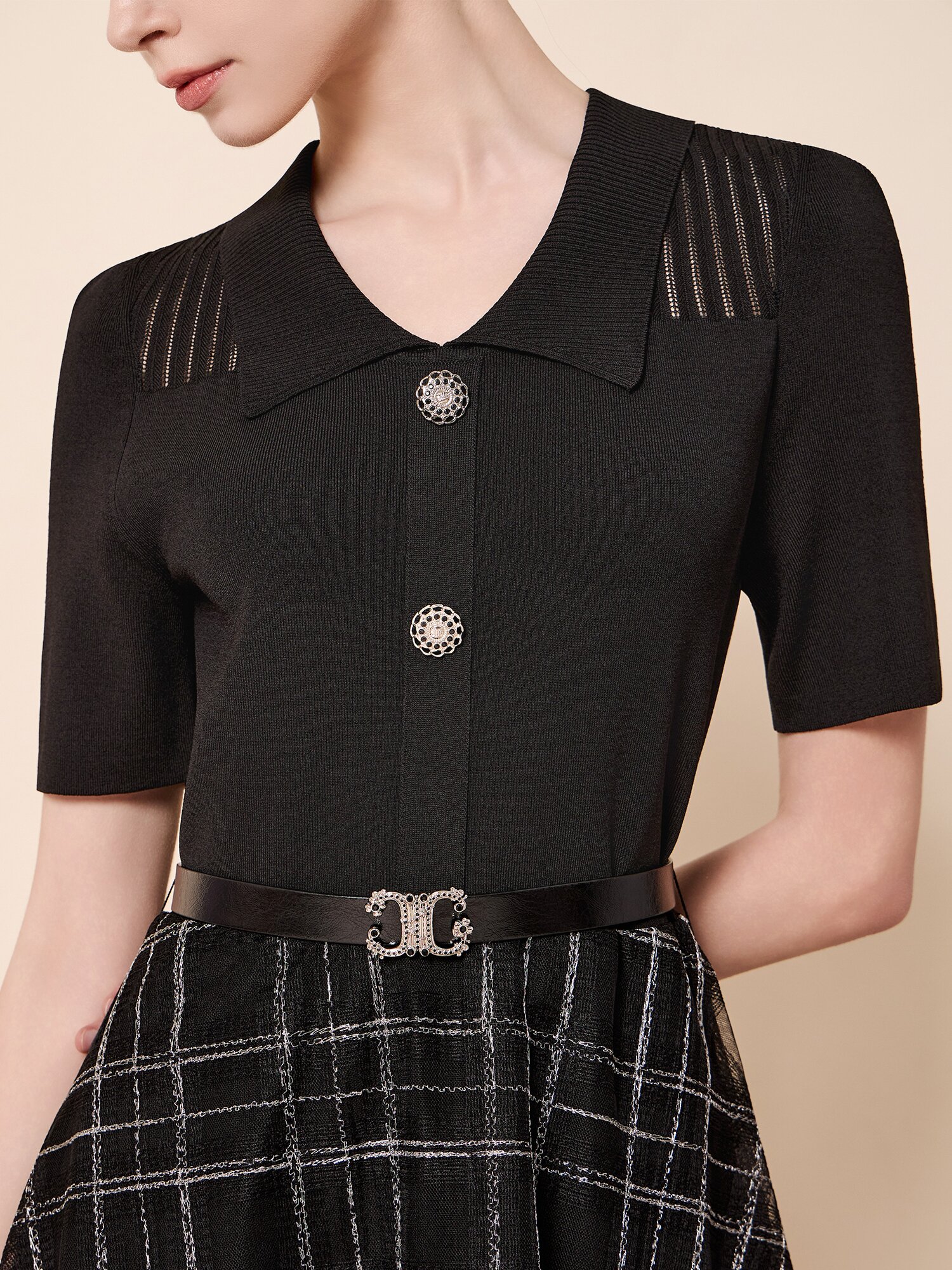 칼라 니트 배색 체크 원피스 (BLACK)
