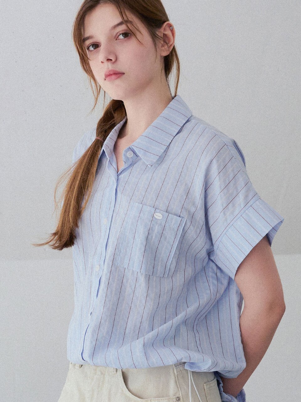 [스크런치 set] Aven string stripe shirt - Sky blue