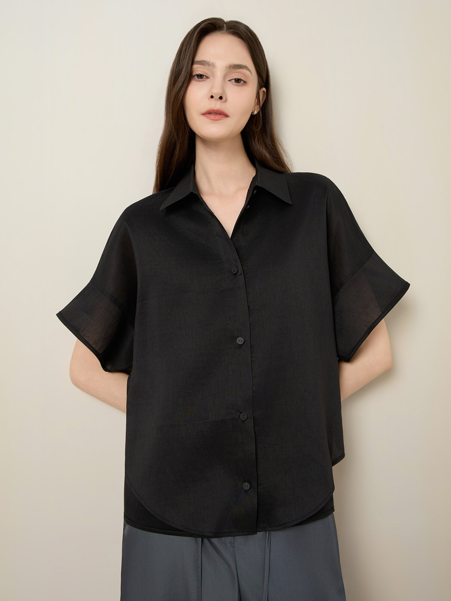 린넨 절개 레이어 블라우스 (BLACK)