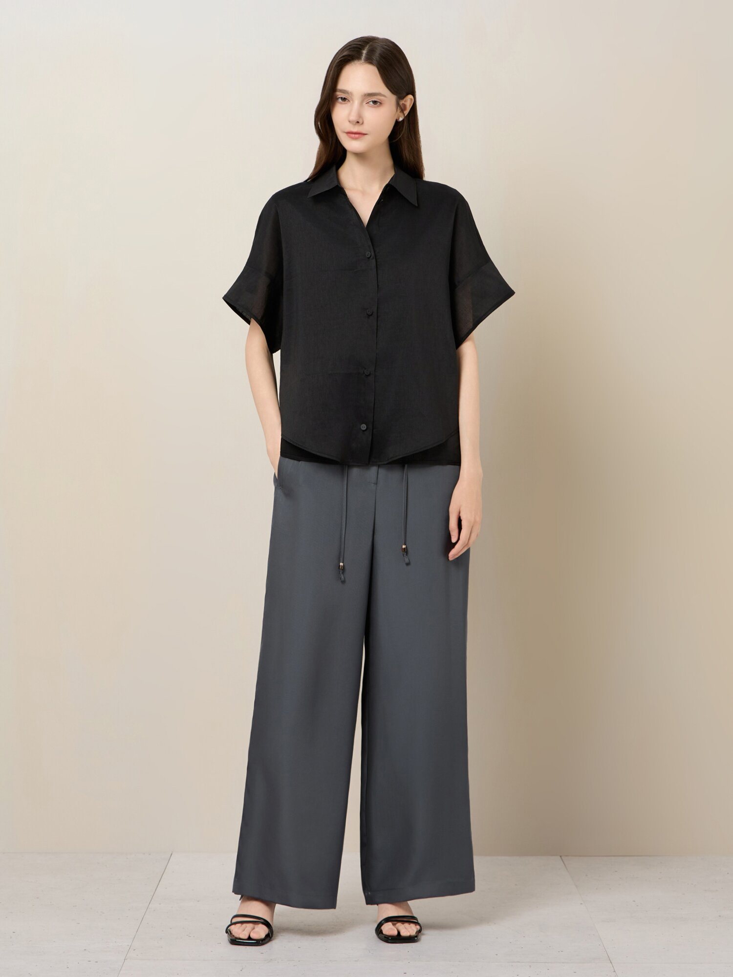 린넨 절개 레이어 블라우스 (BLACK)
