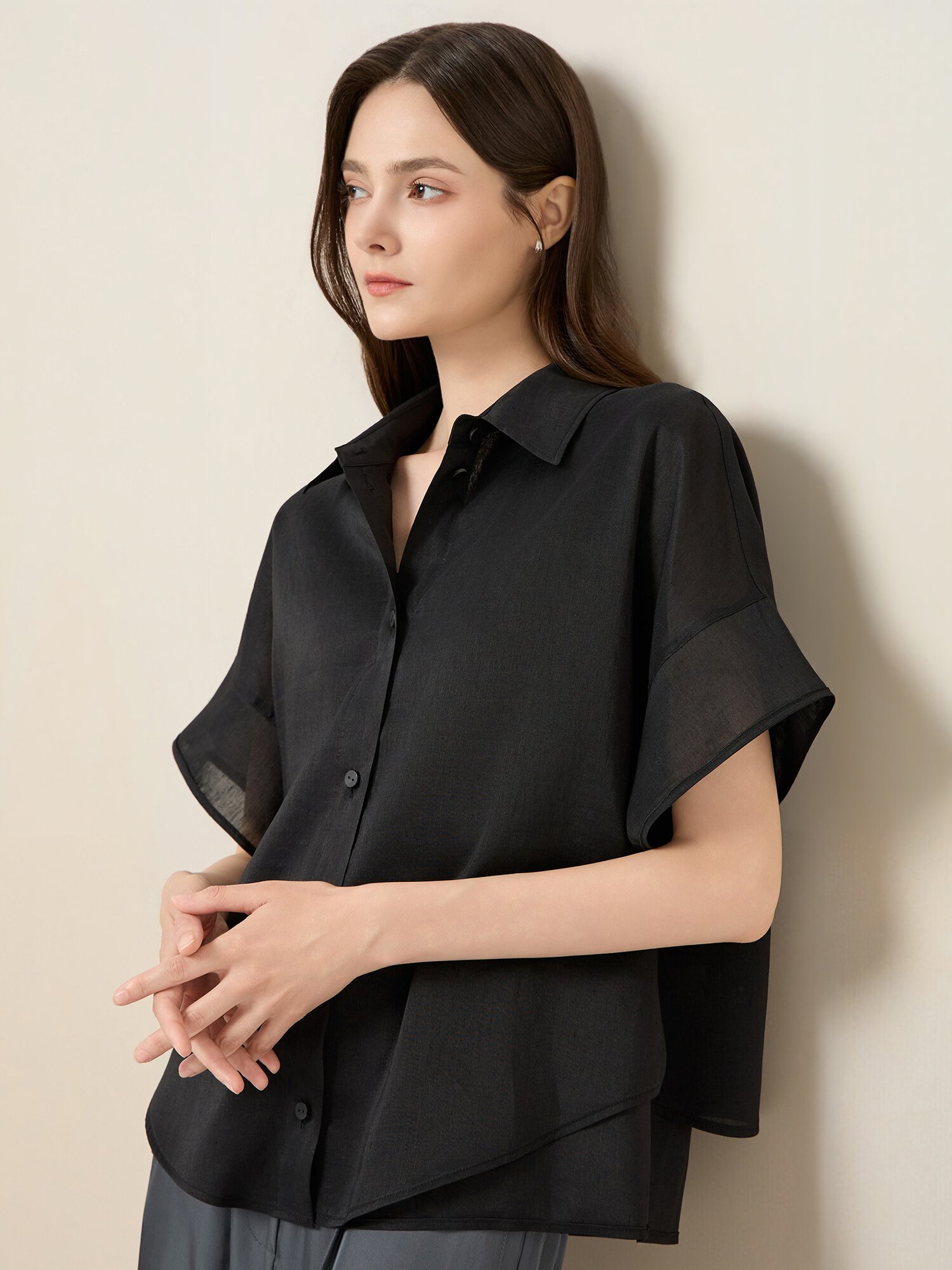 린넨 절개 레이어 블라우스 (BLACK)