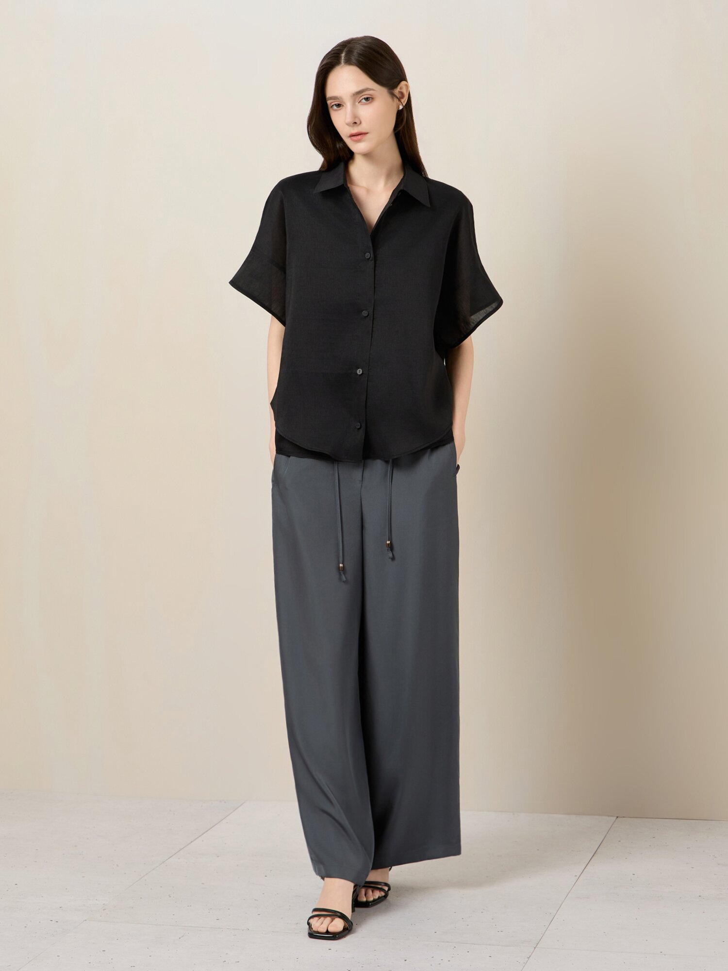 린넨 절개 레이어 블라우스 (BLACK)
