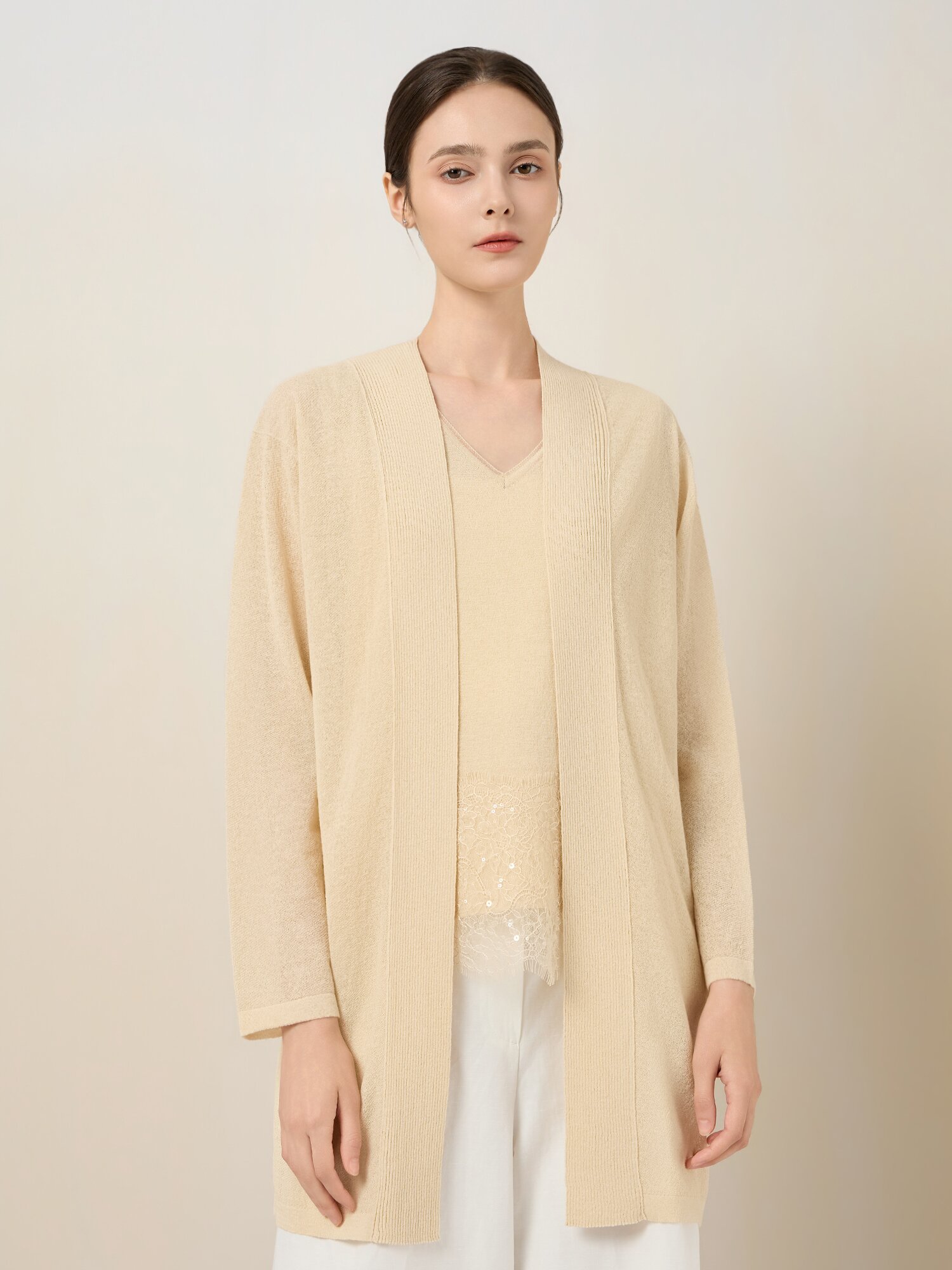 플리츠 오픈 프론트 가디건 (BEIGE)