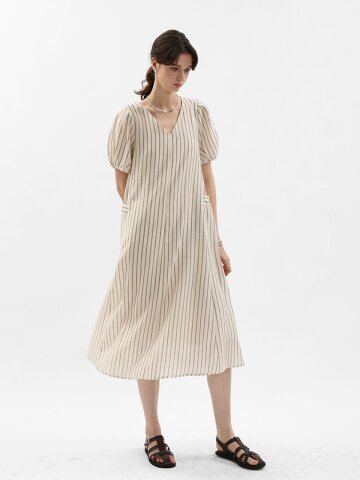 WD_Stripe puff sleeve midi dress_WHITE