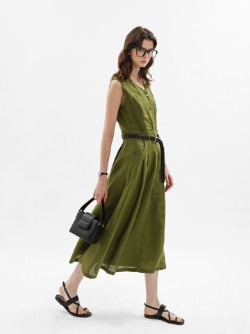 WD_Belted linen sleeveless dress_DARK GREEN