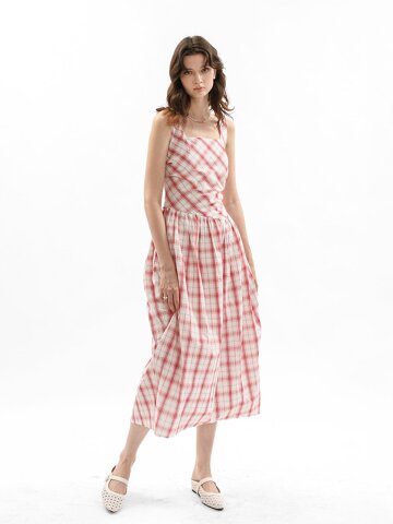WD_Gathered waist check dress_RED