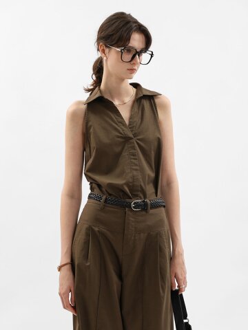 WD_Open collar sleeveless blouse_BROWN