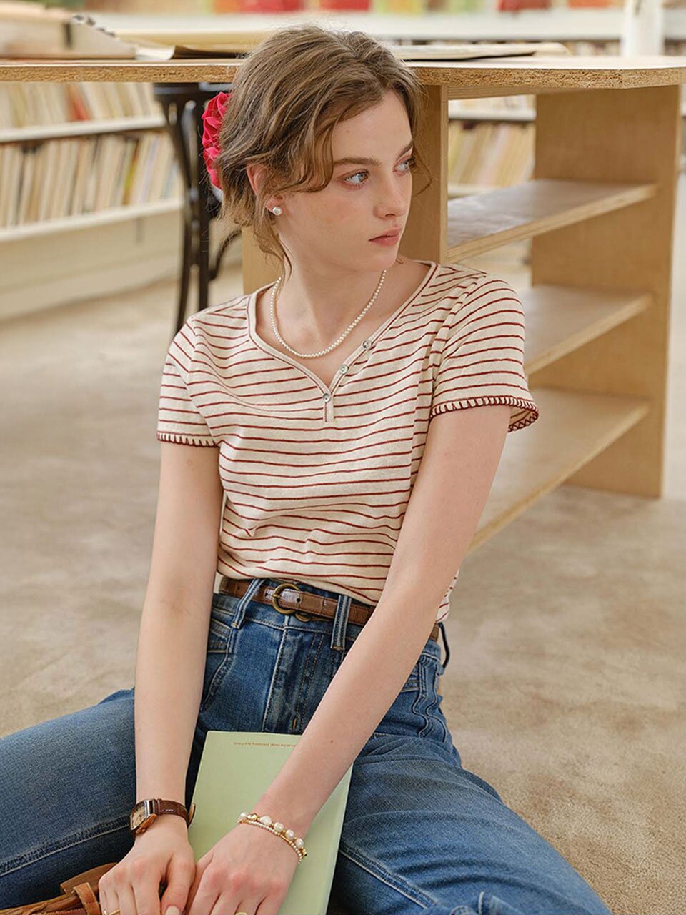 SR_Neck short sleeve stripe top_2color
