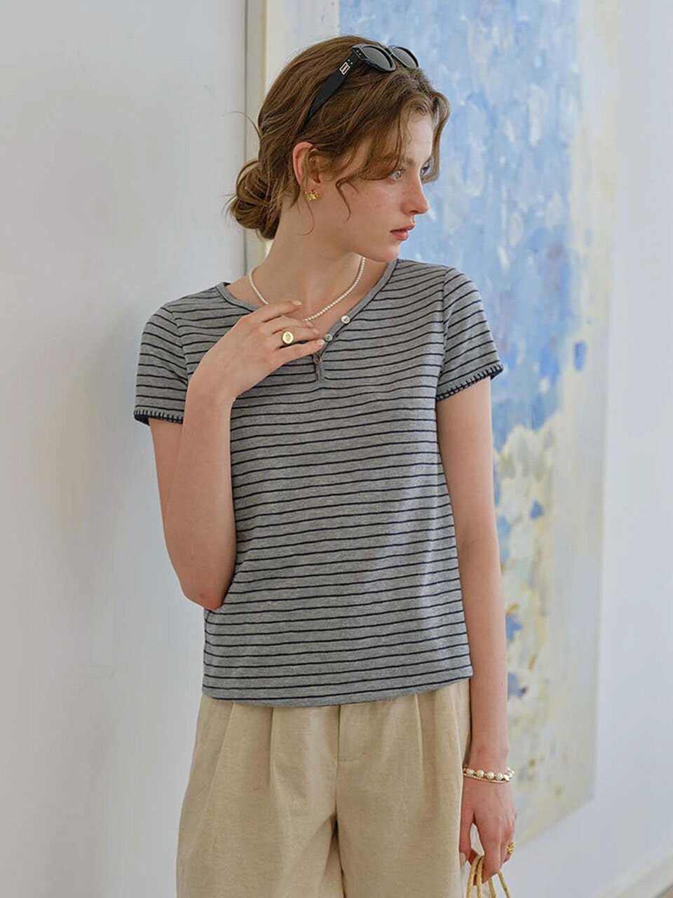 SR_Neck short sleeve stripe top_2color