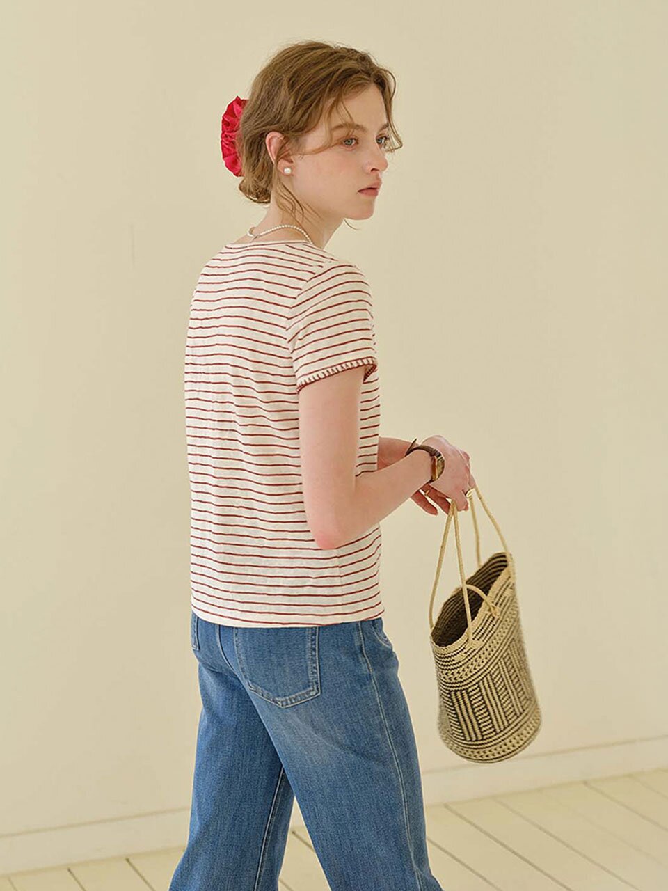SR_Neck short sleeve stripe top_2color
