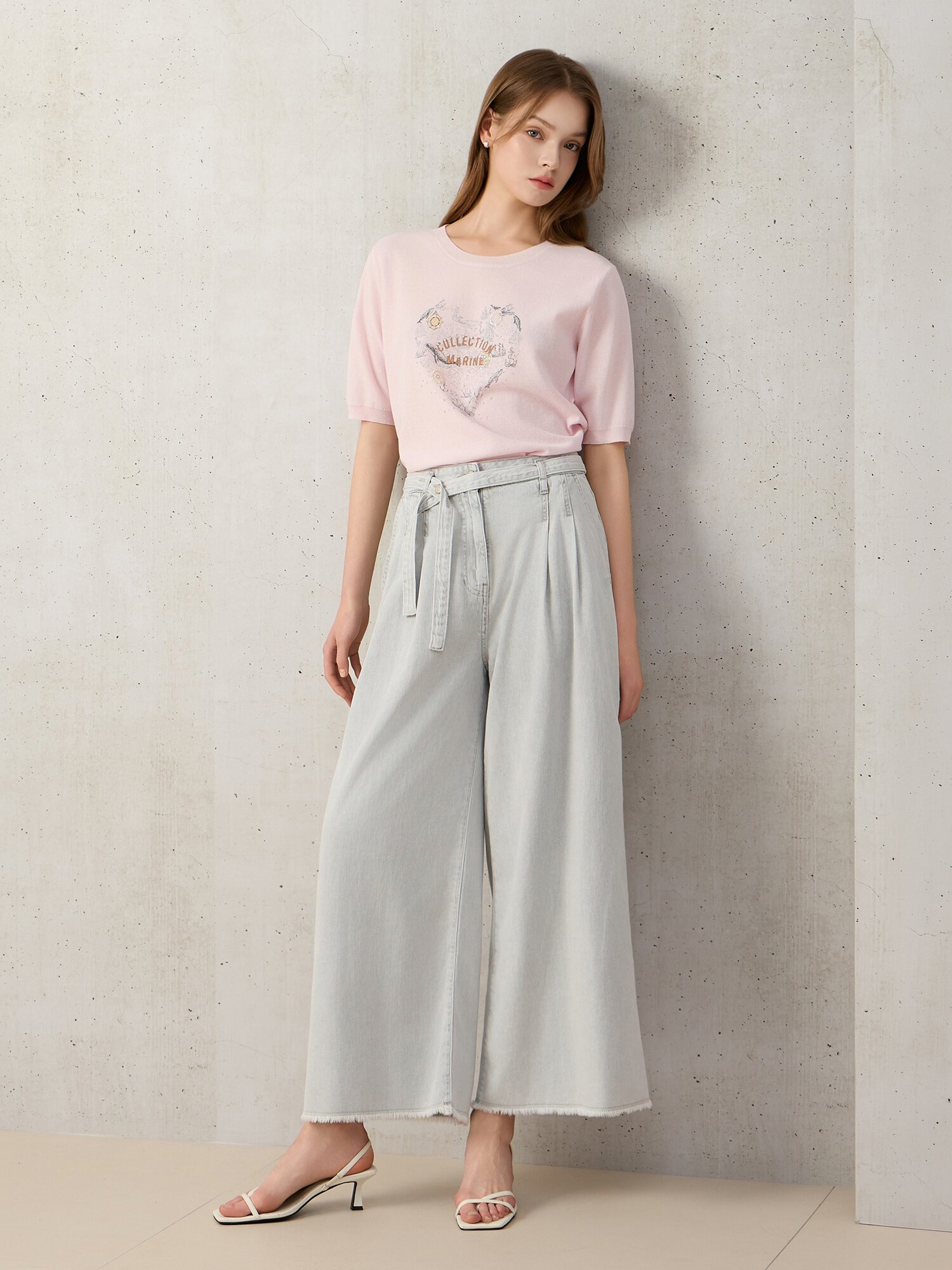 벨티드 투 턱 와이드 데님 팬츠 (LIGHT GREY)
