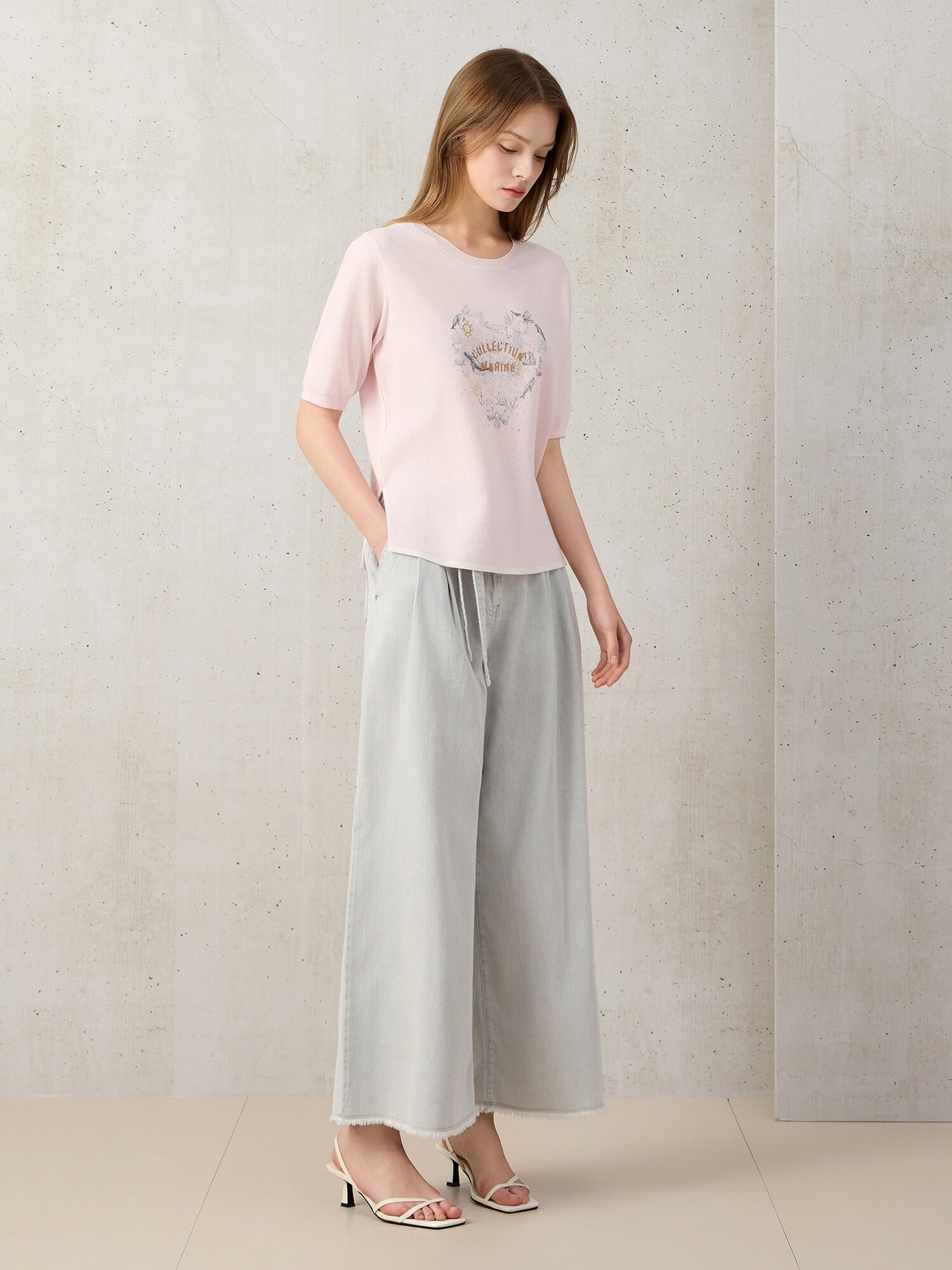 벨티드 투 턱 와이드 데님 팬츠 (LIGHT GREY)