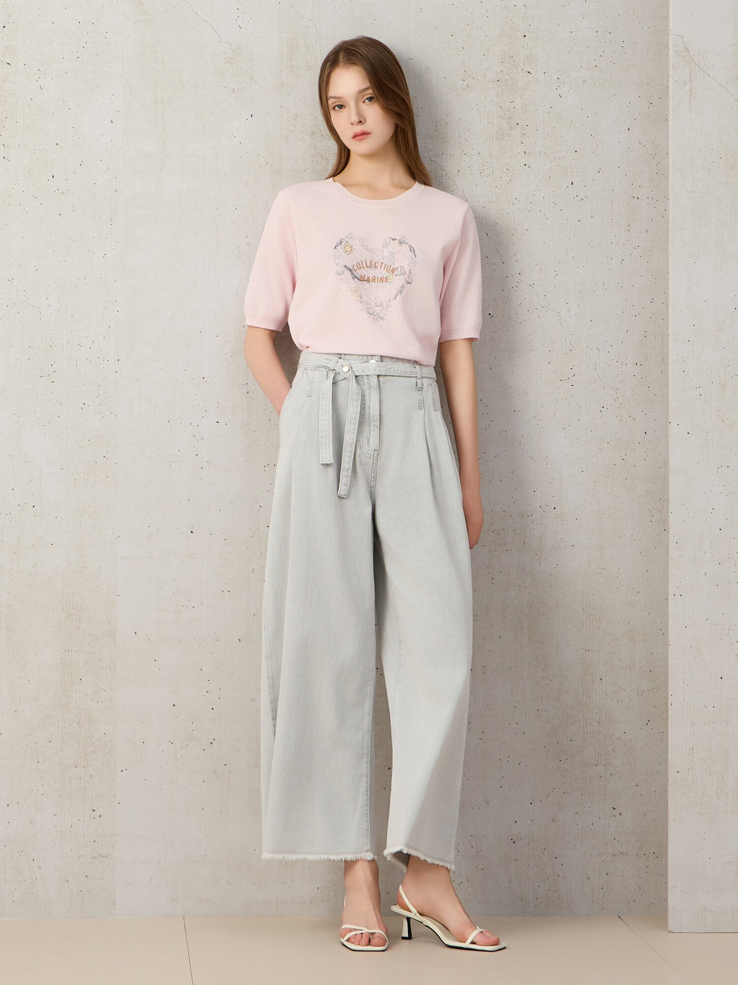 벨티드 투 턱 와이드 데님 팬츠 (LIGHT GREY)